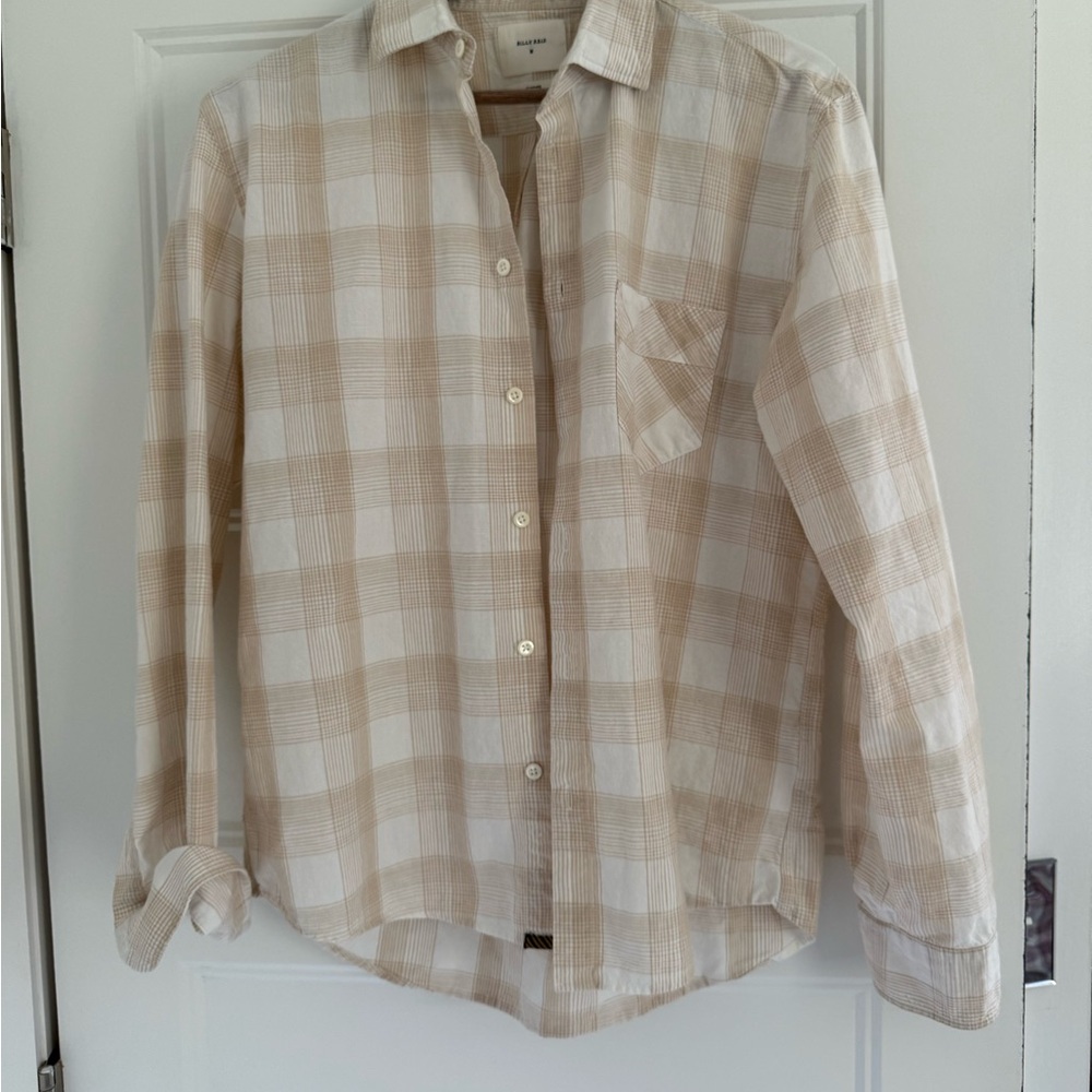 Beige and White Plaid Button-Up Shirt
